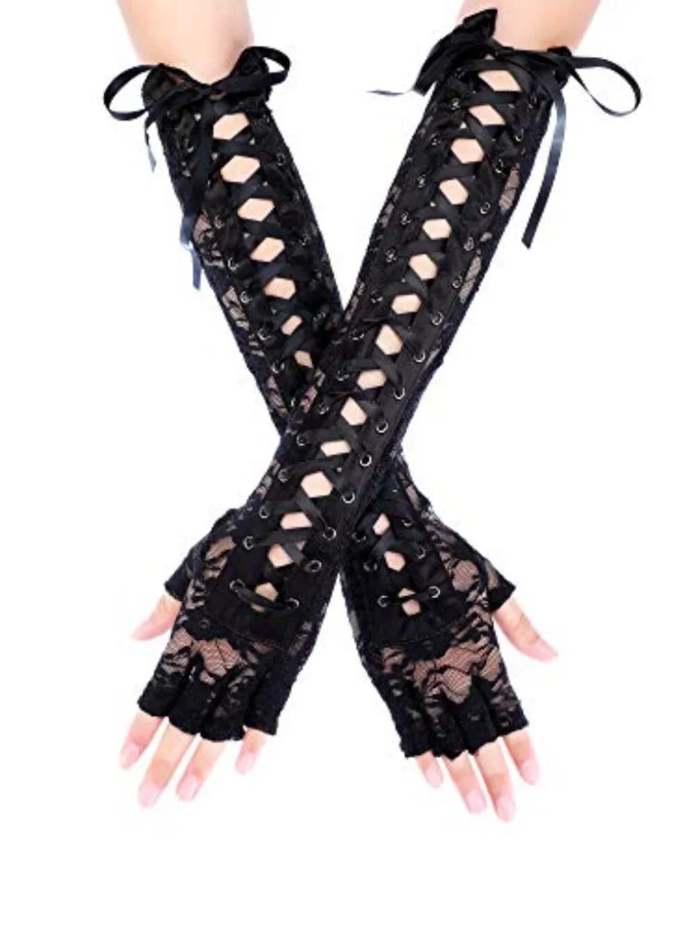 Satin Lace Up Fingerless Gloves for Women Elbow Length Bridal Arm Warmers